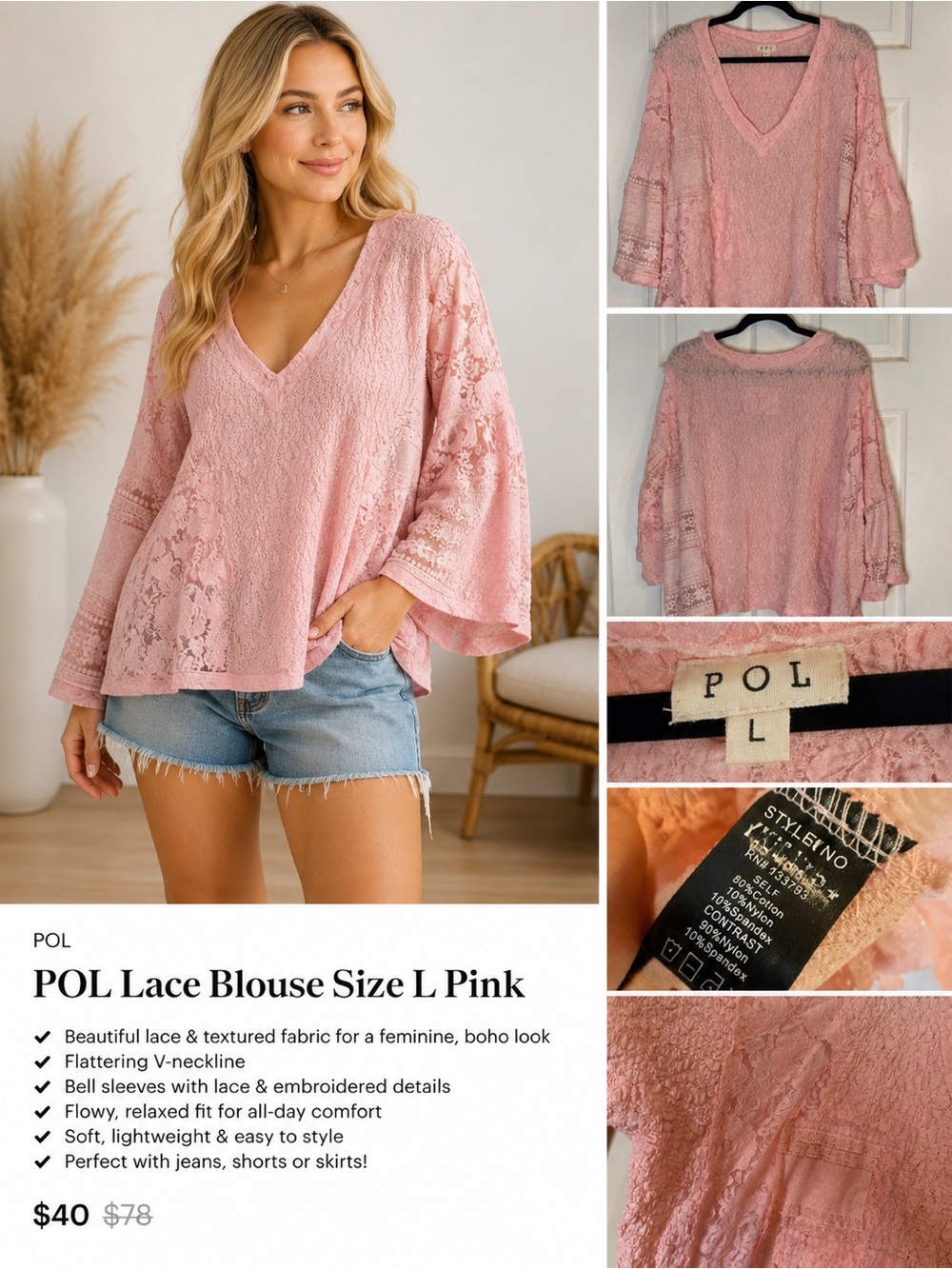 POL Lace Blouse Size L Pink